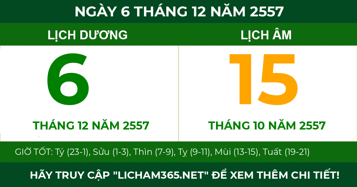 lịch âm ngày 6 tháng 12 năm 2557