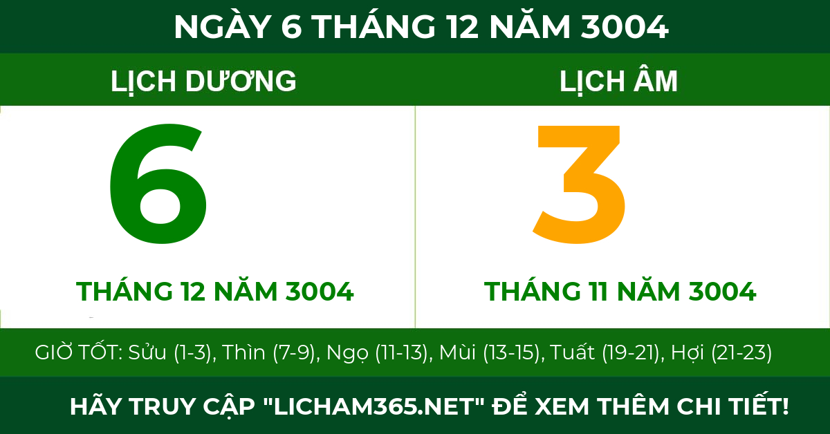 lịch âm ngày 6 tháng 12 năm 3004