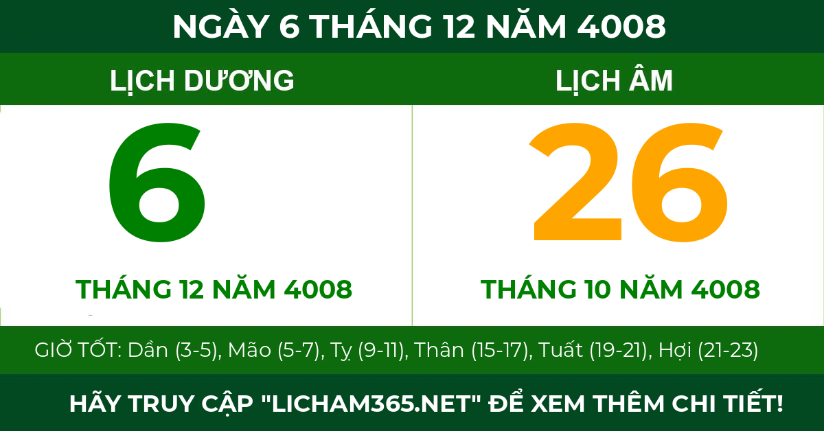 lịch âm ngày 6 tháng 12 năm 4008