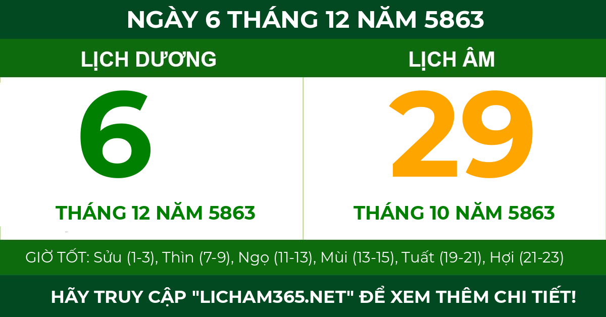 lịch âm ngày 6 tháng 12 năm 5863