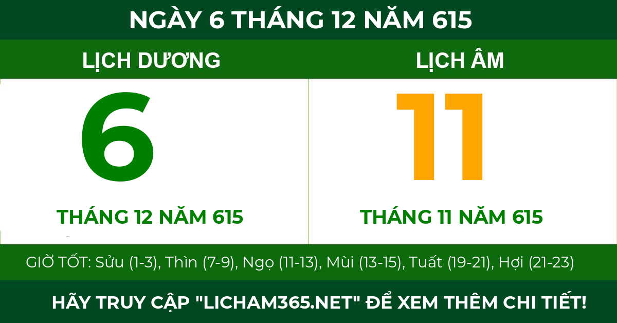 lịch âm ngày 6 tháng 12 năm 615