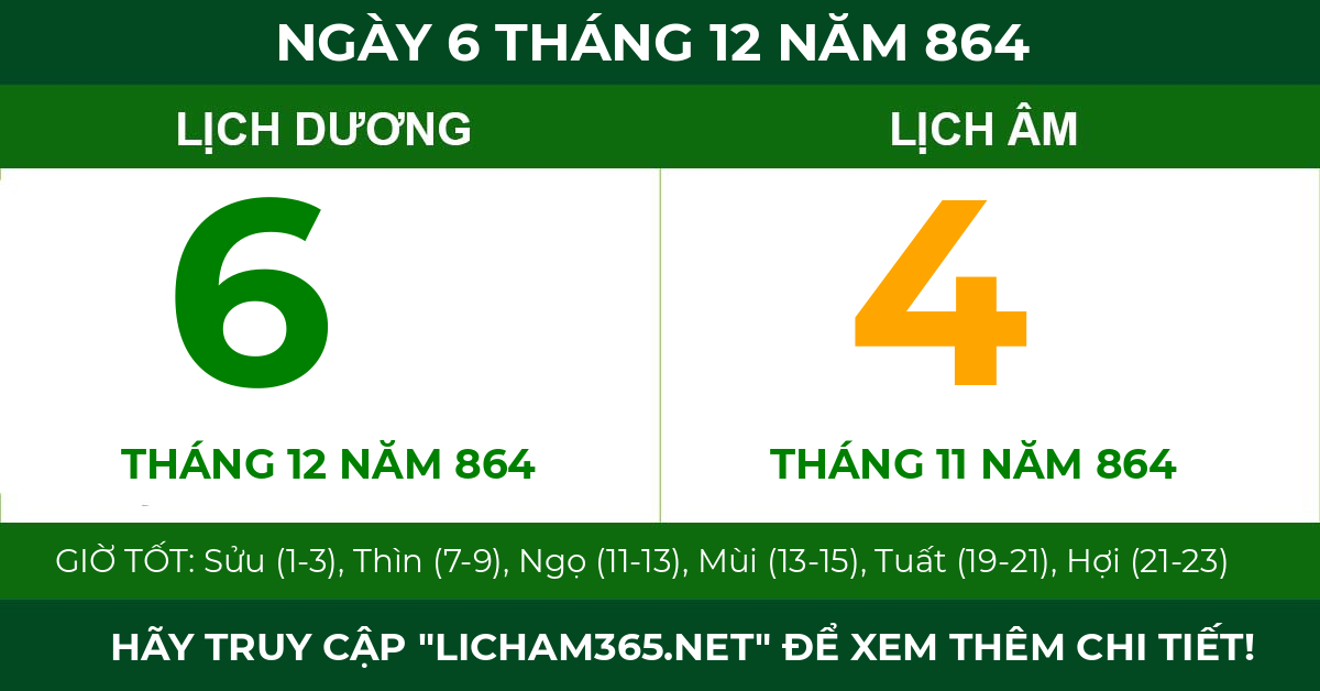 lịch âm ngày 6 tháng 12 năm 864