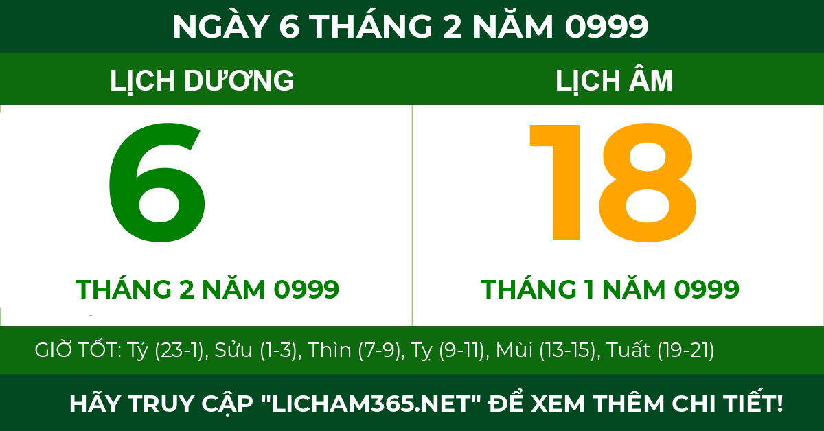 lịch âm ngày 6 tháng 2 năm 0999