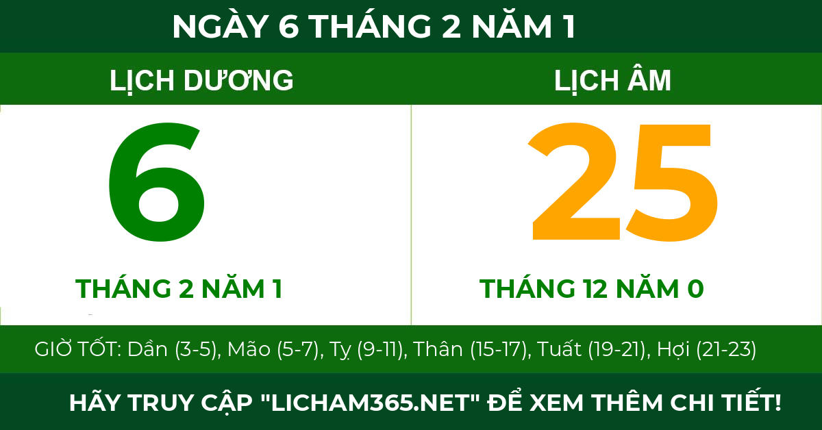 lịch âm ngày 6 tháng 2 năm 1