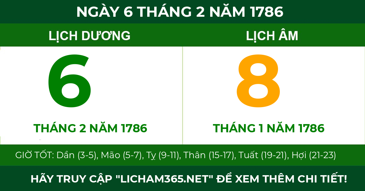 lịch âm ngày 6 tháng 2 năm 1786