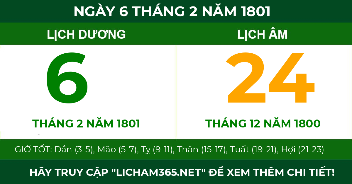 lịch âm ngày 6 tháng 2 năm 1801