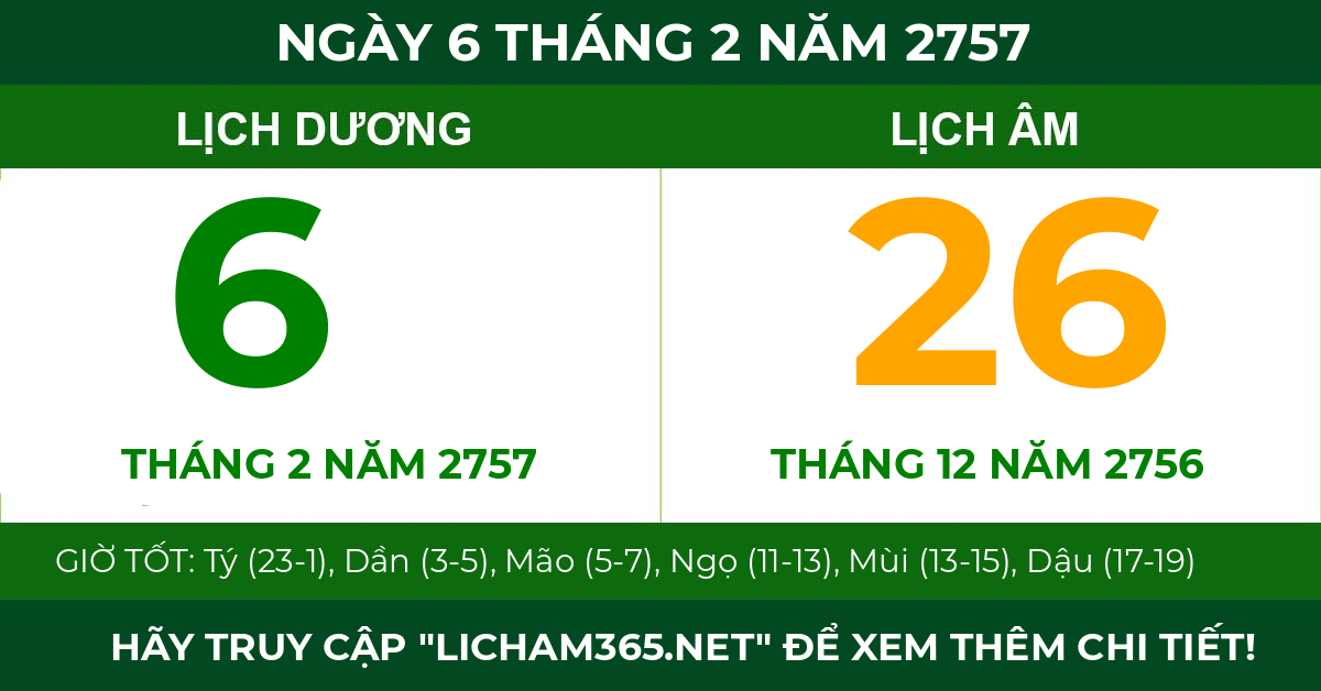 lịch âm ngày 6 tháng 2 năm 2757