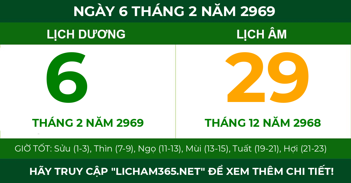 lịch âm ngày 6 tháng 2 năm 2969