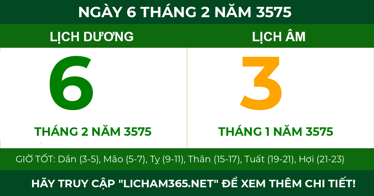 lịch âm ngày 6 tháng 2 năm 3575