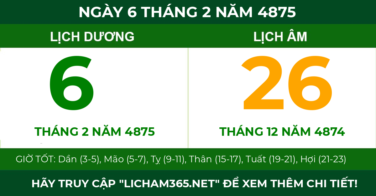 lịch âm ngày 6 tháng 2 năm 4875