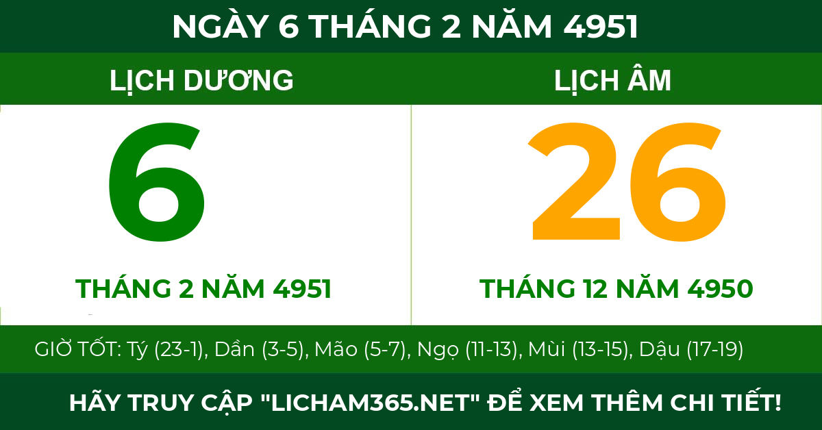 lịch âm ngày 6 tháng 2 năm 4951