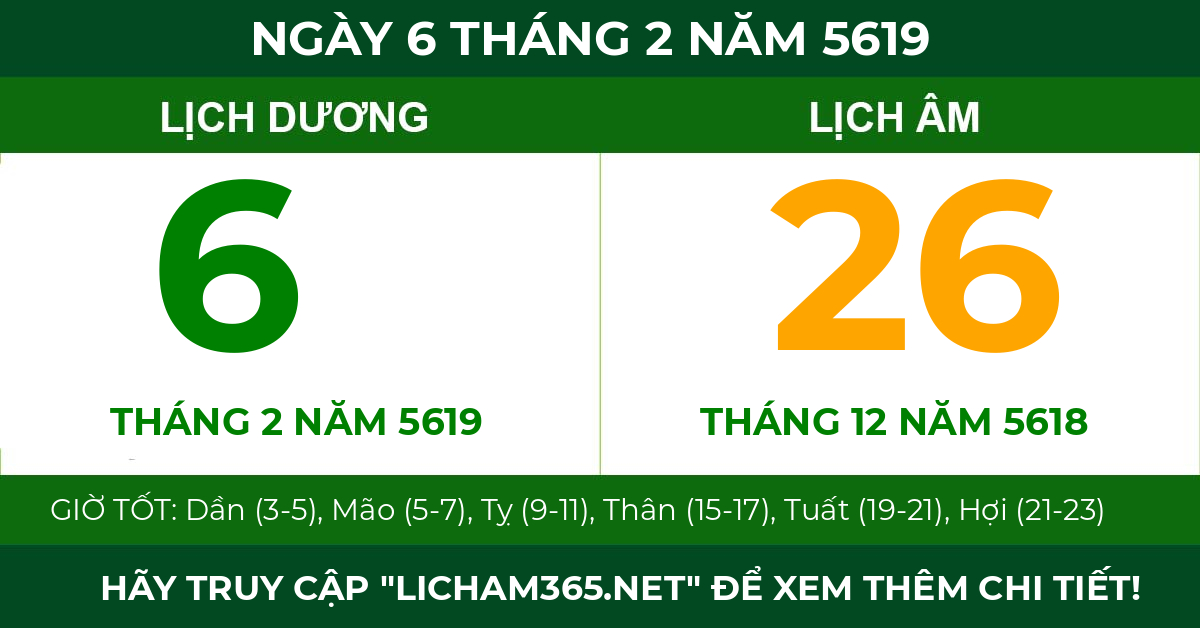 lịch âm ngày 6 tháng 2 năm 5619