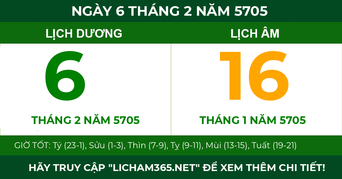 lịch âm ngày 6 tháng 2 năm 5705