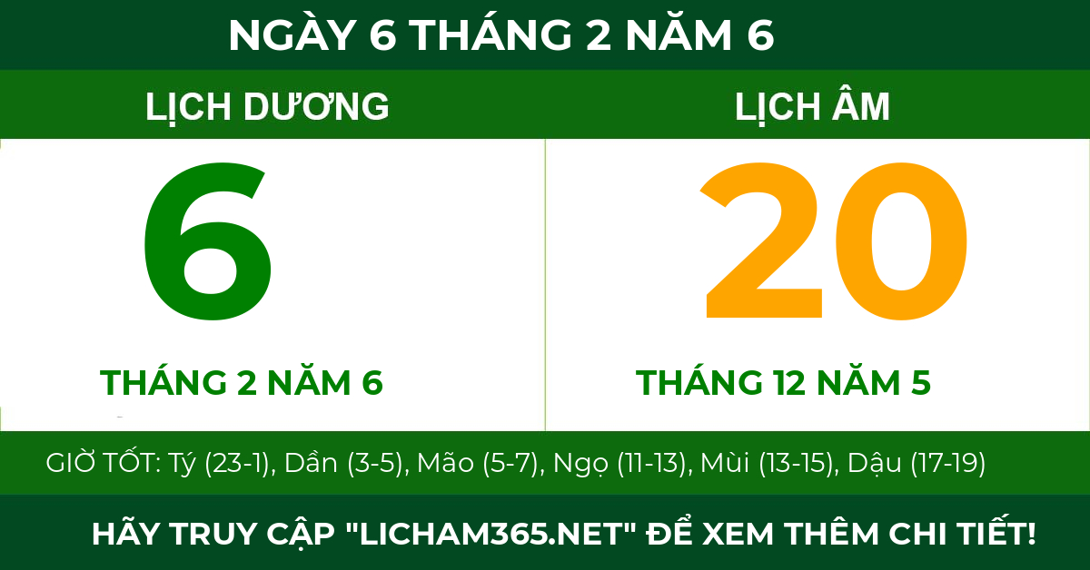 lịch âm ngày 6 tháng 2 năm 6