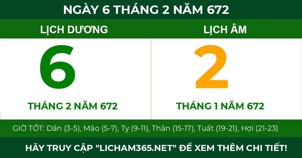 lịch âm ngày 6 tháng 2 năm 672