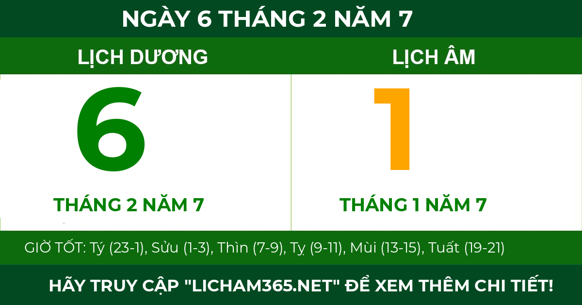 lịch âm ngày 6 tháng 2 năm 7