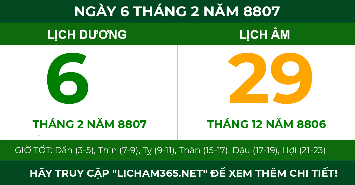 lịch âm ngày 6 tháng 2 năm 8807