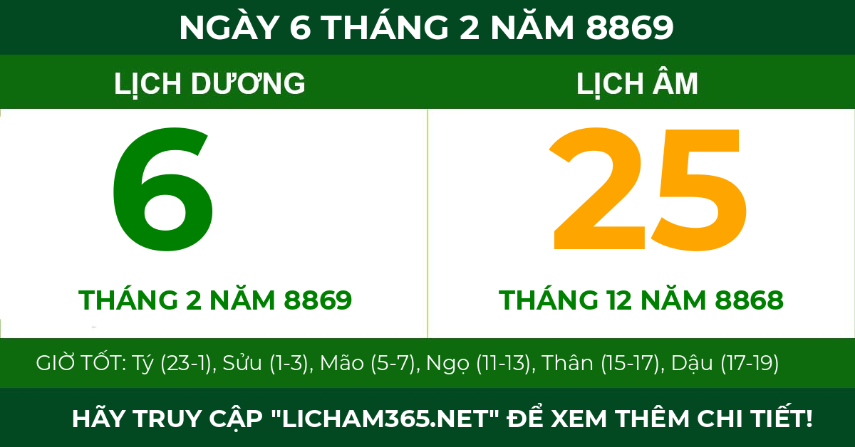lịch âm ngày 6 tháng 2 năm 8869