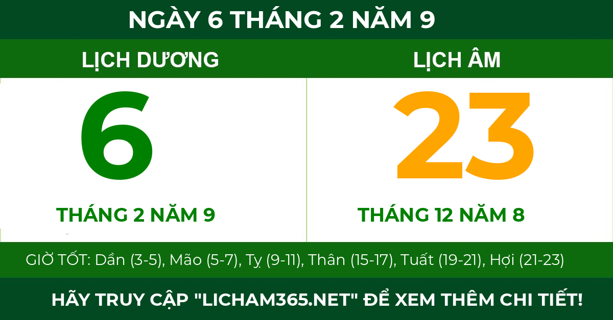 lịch âm ngày 6 tháng 2 năm 9