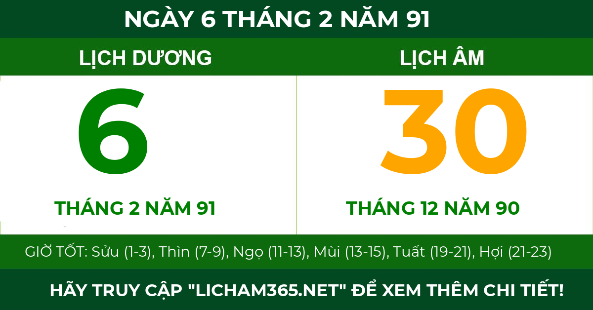 lịch âm ngày 6 tháng 2 năm 91