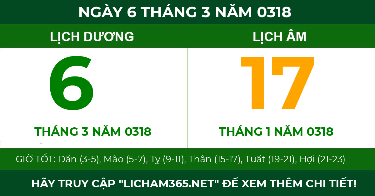 lịch âm ngày 6 tháng 3 năm 0318