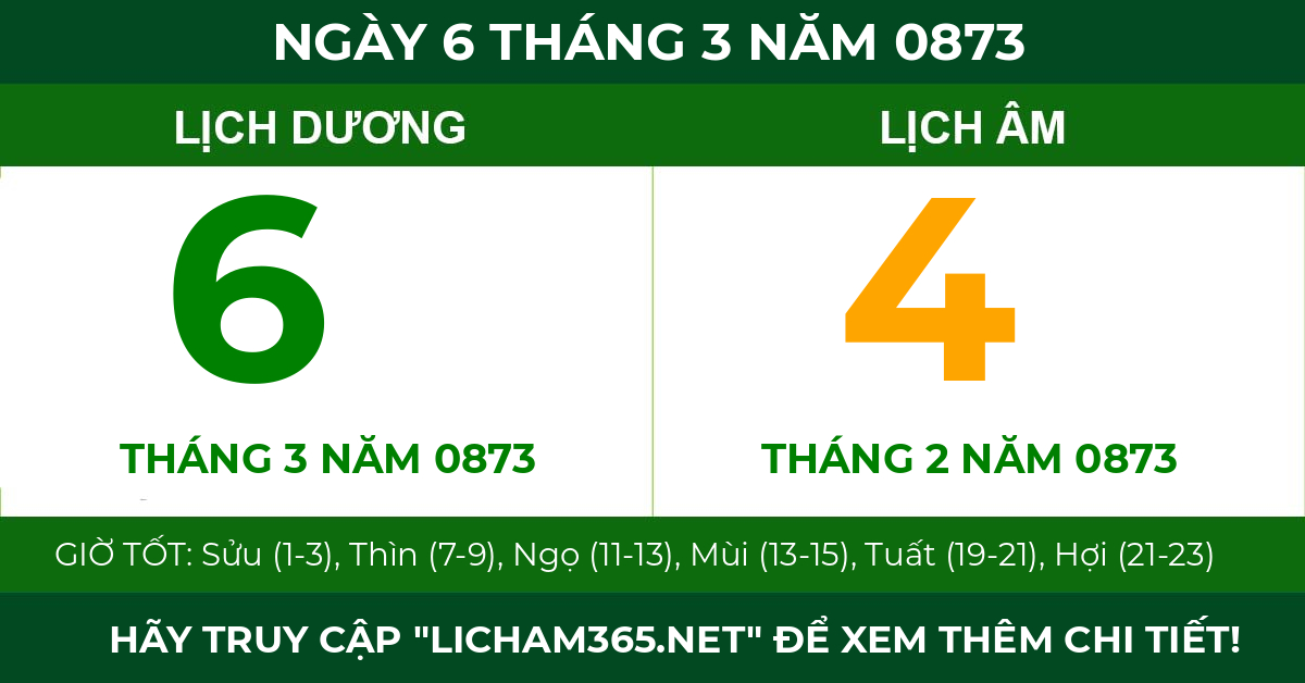 lịch âm ngày 6 tháng 3 năm 0873