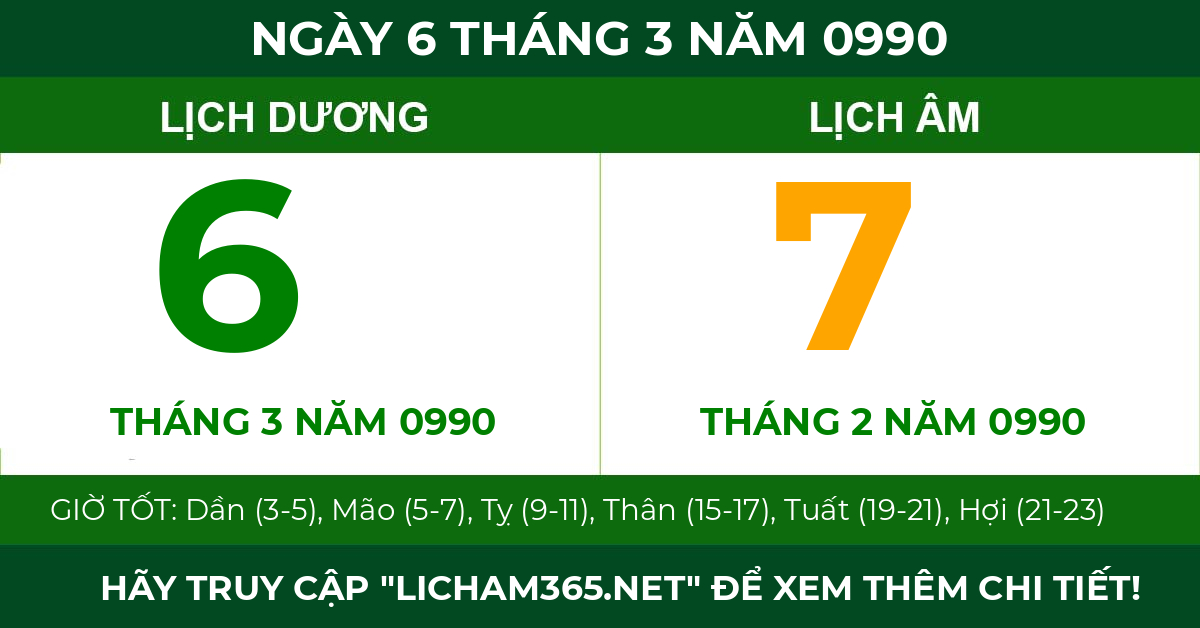lịch âm ngày 6 tháng 3 năm 0990