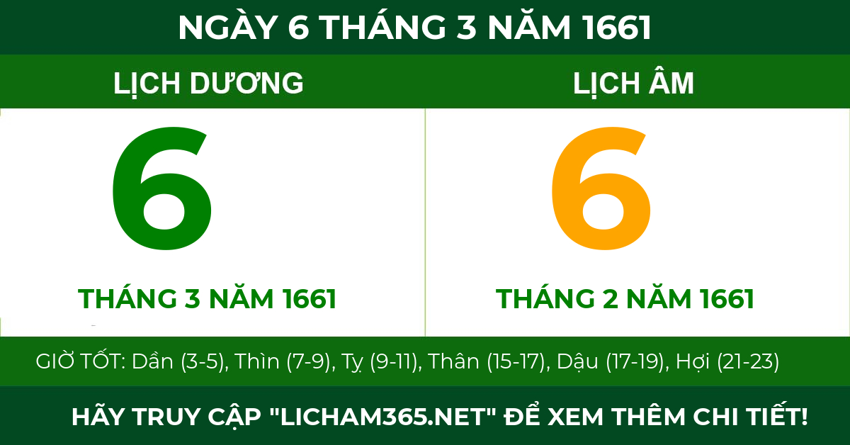lịch âm ngày 6 tháng 3 năm 1661