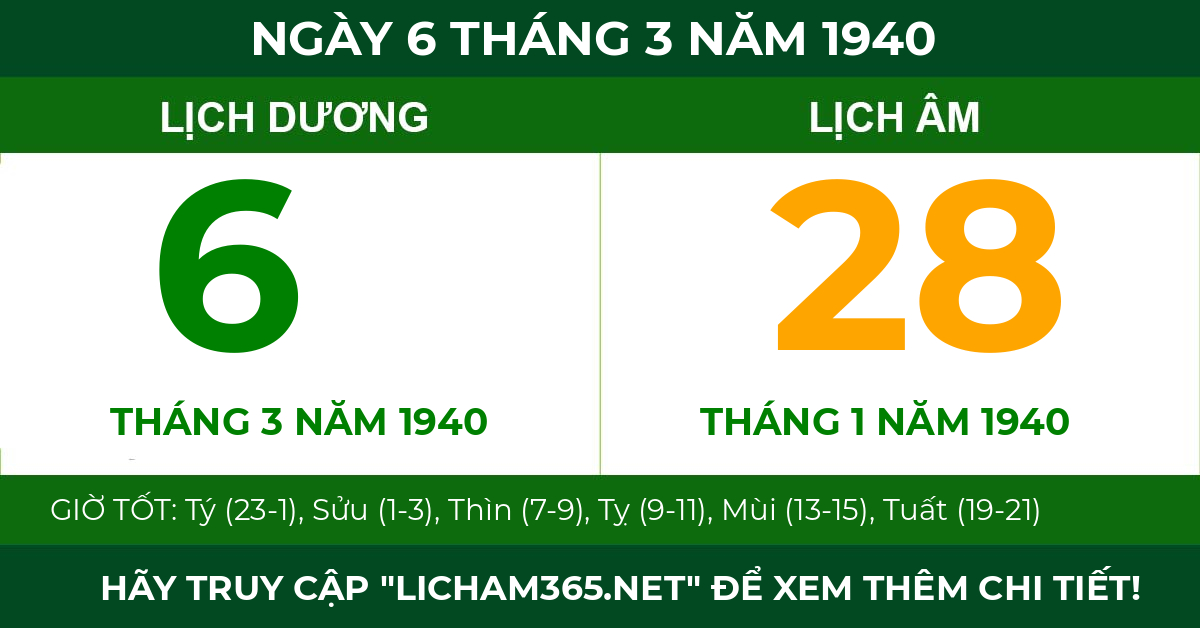 lịch âm ngày 6 tháng 3 năm 1940