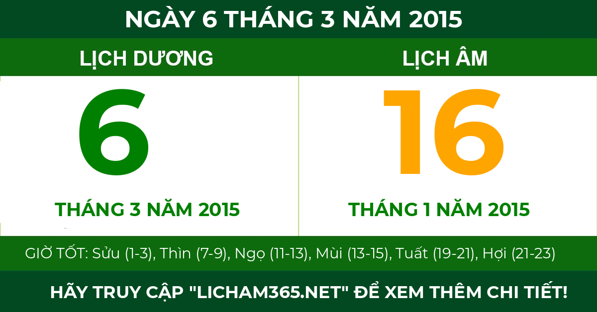 lịch âm ngày 6 tháng 3 năm 2015