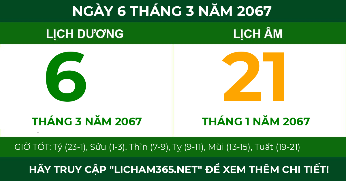 lịch âm ngày 6 tháng 3 năm 2067