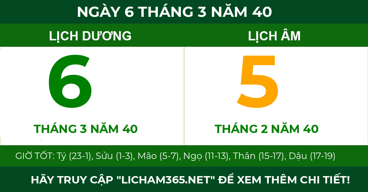 lịch âm ngày 6 tháng 3 năm 40
