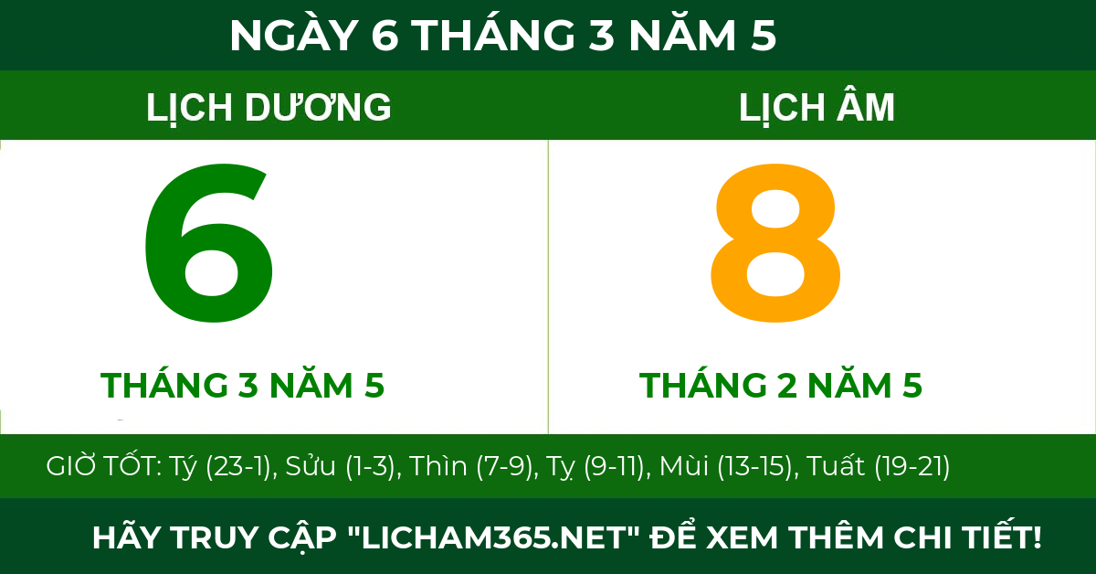 lịch âm ngày 6 tháng 3 năm 5