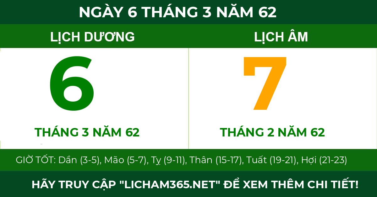 lịch âm ngày 6 tháng 3 năm 62