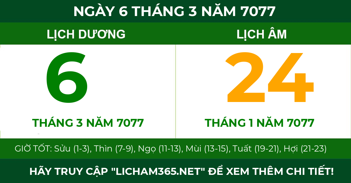 lịch âm ngày 6 tháng 3 năm 7077