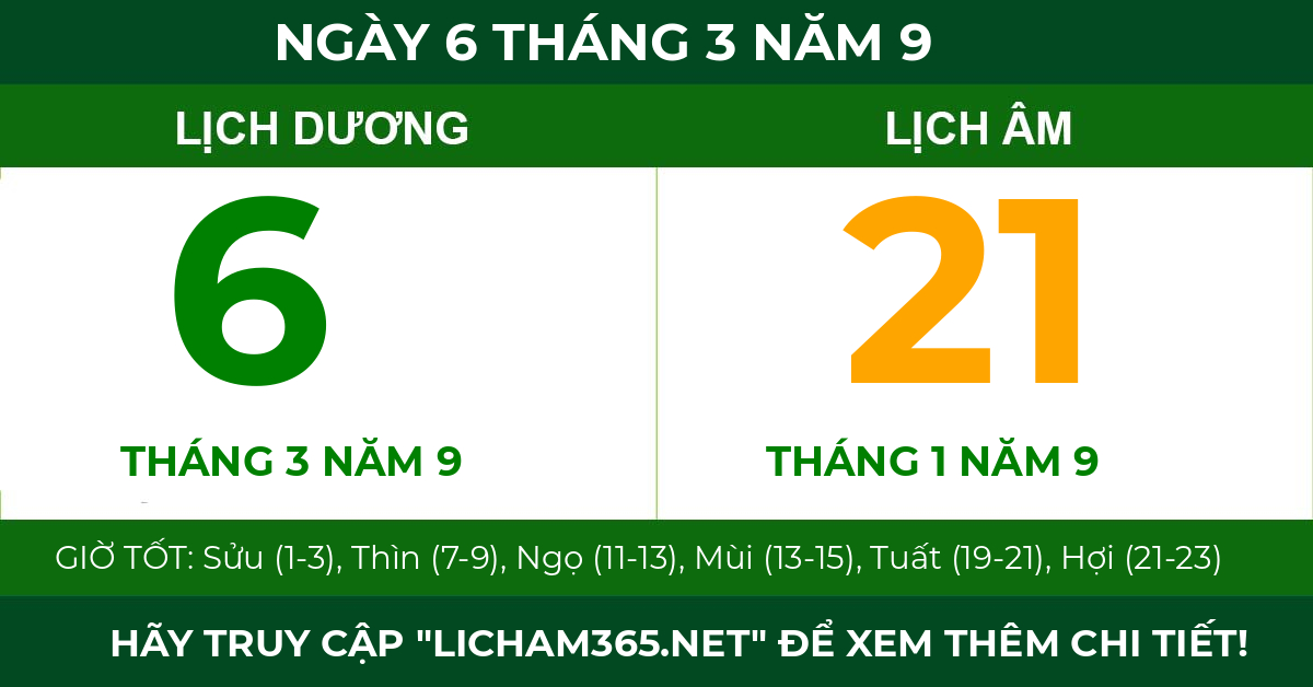 lịch âm ngày 6 tháng 3 năm 9