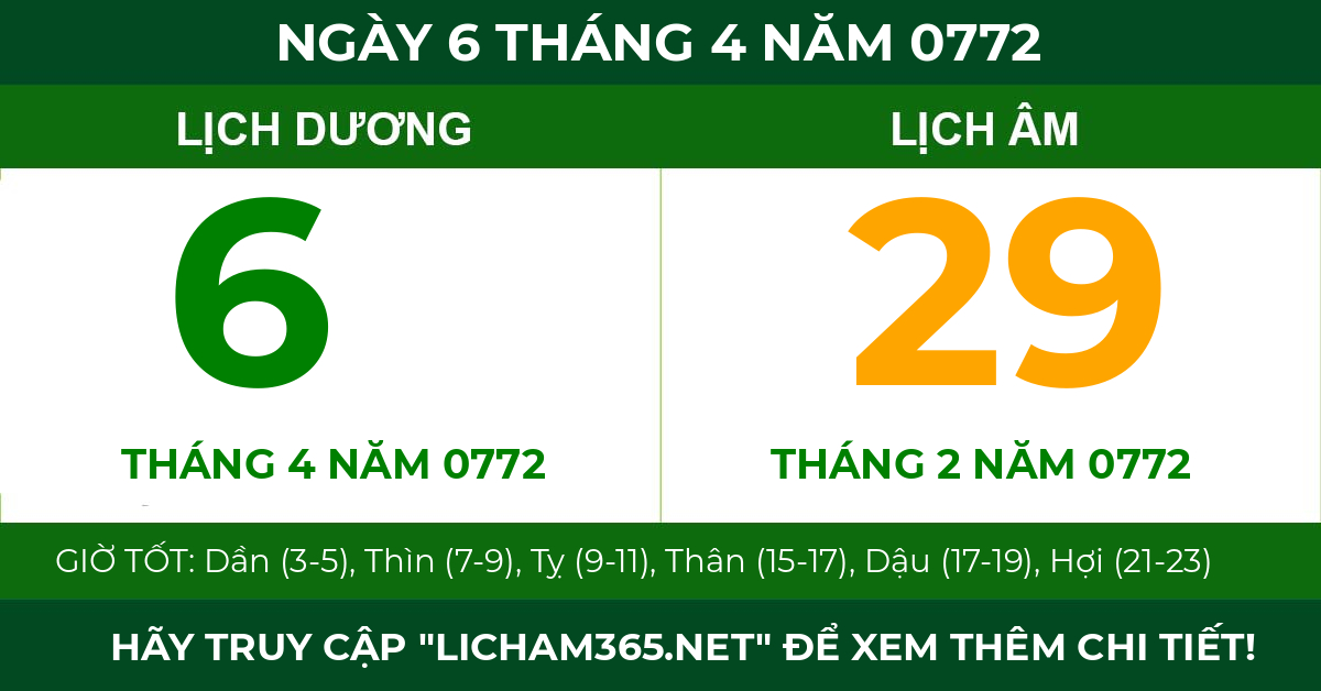 lịch âm ngày 6 tháng 4 năm 0772
