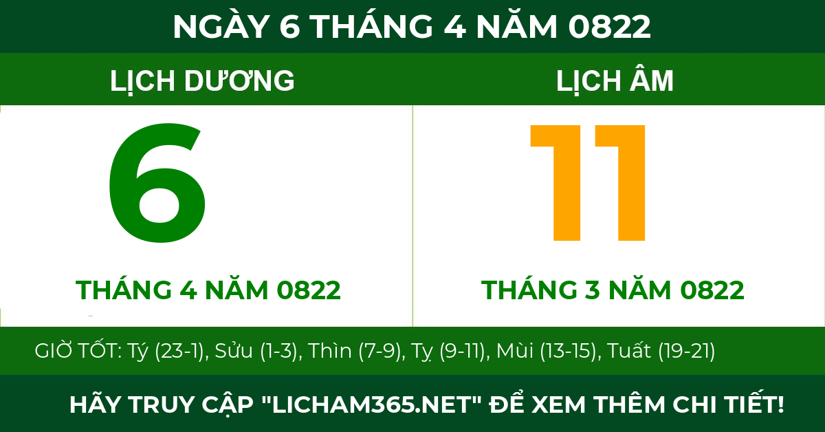 lịch âm ngày 6 tháng 4 năm 0822
