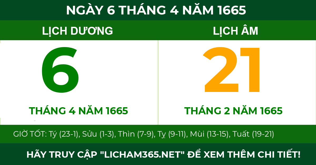 lịch âm ngày 6 tháng 4 năm 1665