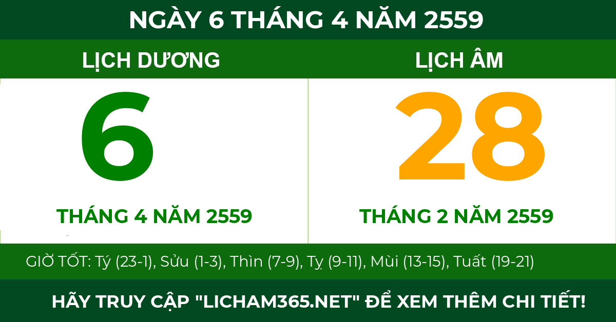 lịch âm ngày 6 tháng 4 năm 2559