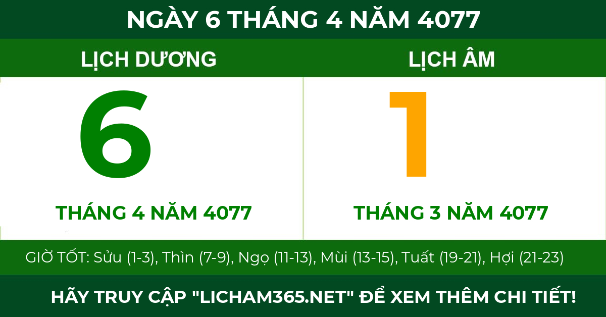 lịch âm ngày 6 tháng 4 năm 4077