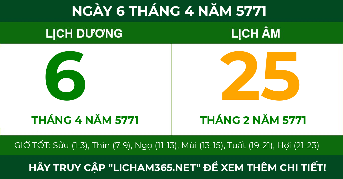 lịch âm ngày 6 tháng 4 năm 5771