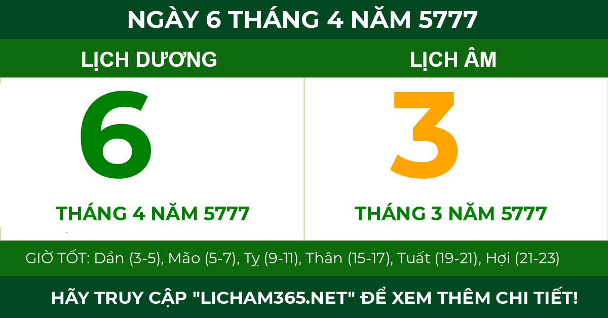 lịch âm ngày 6 tháng 4 năm 5777