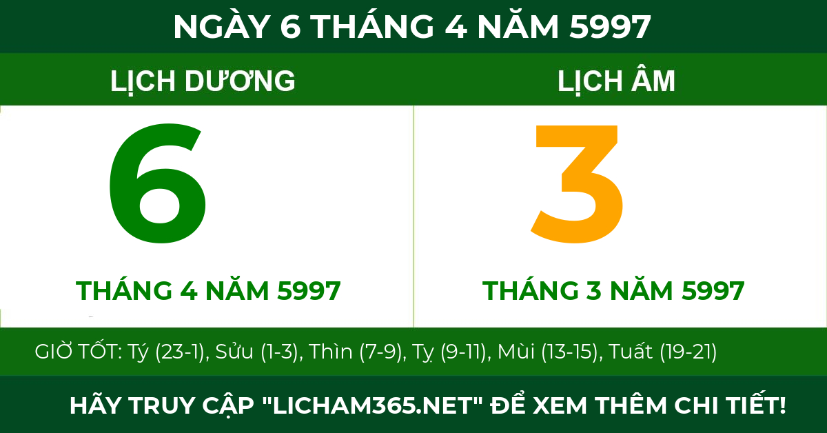 lịch âm ngày 6 tháng 4 năm 5997