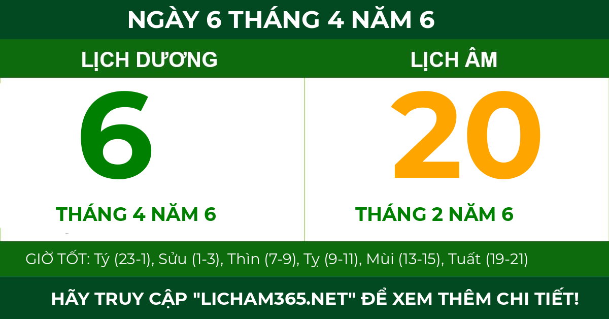 lịch âm ngày 6 tháng 4 năm 6
