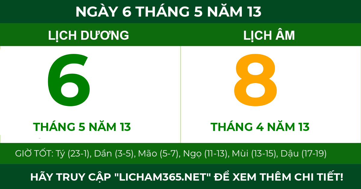 lịch âm ngày 6 tháng 5 năm 13