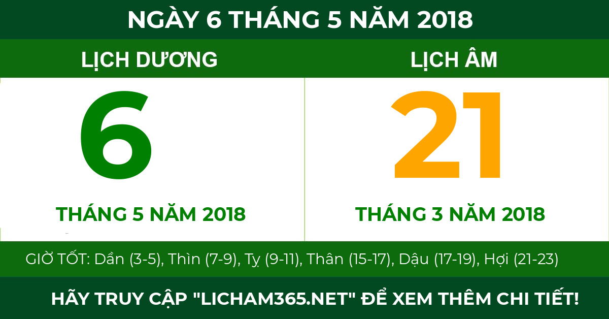 lịch âm ngày 6 tháng 5 năm 2018