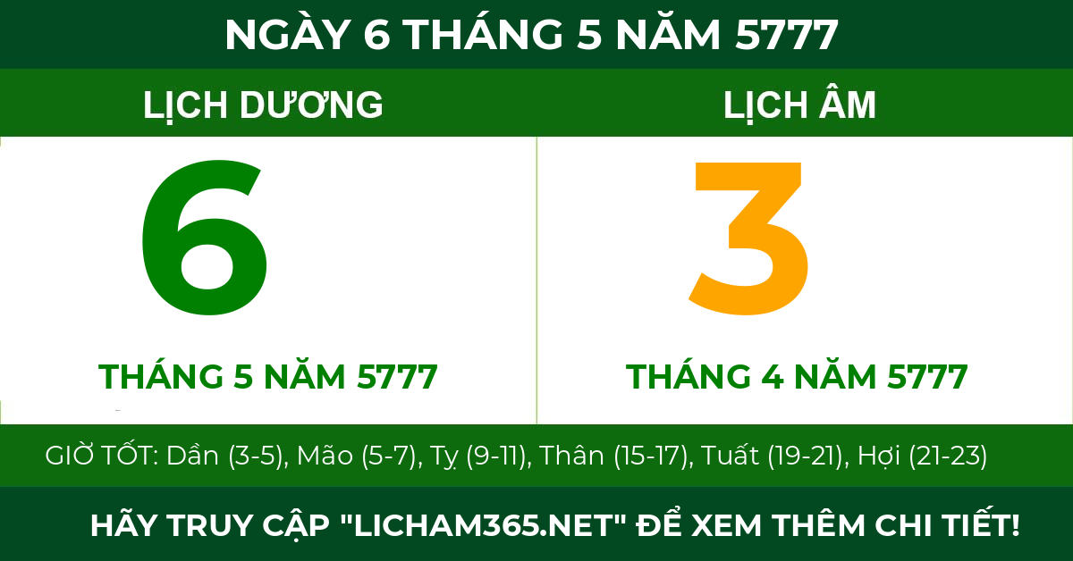 lịch âm ngày 6 tháng 5 năm 5777