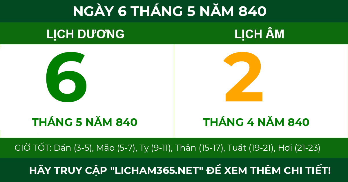 lịch âm ngày 6 tháng 5 năm 840