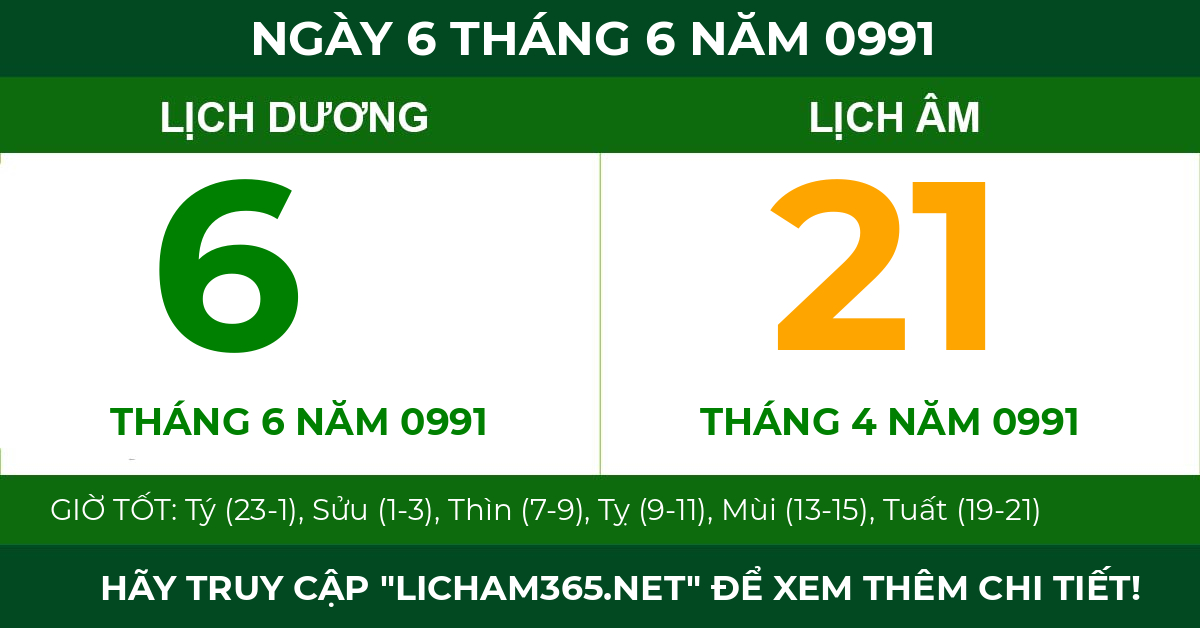 lịch âm ngày 6 tháng 6 năm 0991